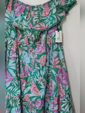 NWT Tropical Print 100% Cotton Dress Ruffle Resortwear Botanical Vibrant Sz 2x